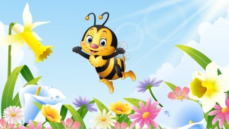 Cartoon Bee Flying Over Flower Field