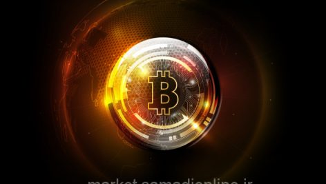 Golden Bitcoin Digital Currency And World Globe Hologram