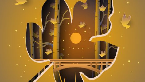 Illustration Of Beautiful Autumn Forest Bridge And Birds