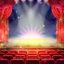 Open Red Curtain And Empty Illuminated Theatrical Stage With Falling Sparks