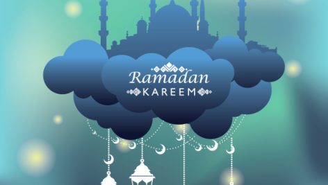 Ramadan Kareem With Flat Mosque Cloud And Lantern