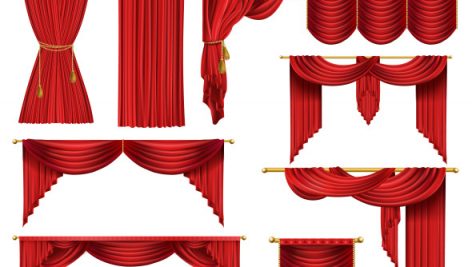 Set Of Red Luxury Curtains Open And Closed With Drapery And Decorative Cords