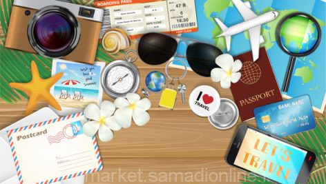 Tropical Travel Object Set On Wood Background