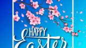 Freepik Happy Easter Lettering With Blooming Sakura Twig In Frame On Blue Background