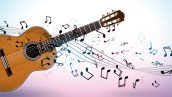 Freepik Music Banner With Acoustic Guitar And Falling Notes On Clean Background