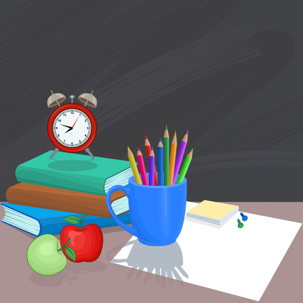 وکتور Freepik Clock On Book With Color Pencil And Apple