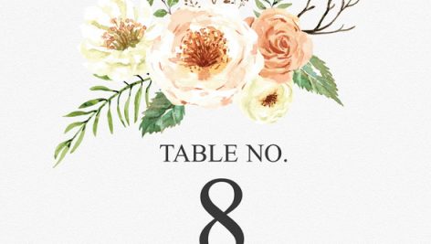 Beautiful Watercolor Vector Invitation With Flowers And Branch Table Numbers For Wedding