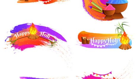 Happy Holi Calligraphy Set With Festival Elements On White Backg