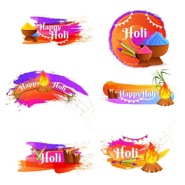 وکتور Happy Holi Calligraphy Set With Festival Elements On White Backg