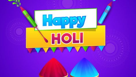 Happy Holi Greeting Card Design With Color Guns And Bowls Full O