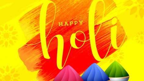 Happy Holi Poster Design With Bowls Full Of Dry Colours On Yello
