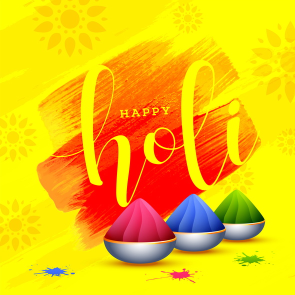 وکتور Happy Holi Poster Design With Bowls Full Of Dry Colours On Yello