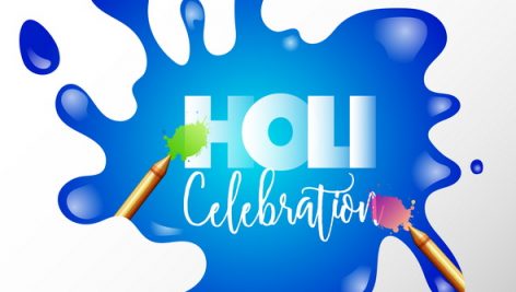 Holi Celebration Concept With Golden Color Guns On Blue Color Sp