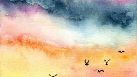 Landscape Watercolor With Beautiful Sky Background