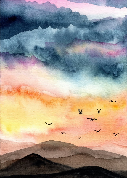 وکتور Landscape Watercolor With Beautiful Sky Background