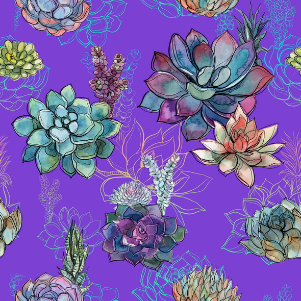 وکتور Seamless Pattern With Succulents On Purple Background Graphics Watercolor