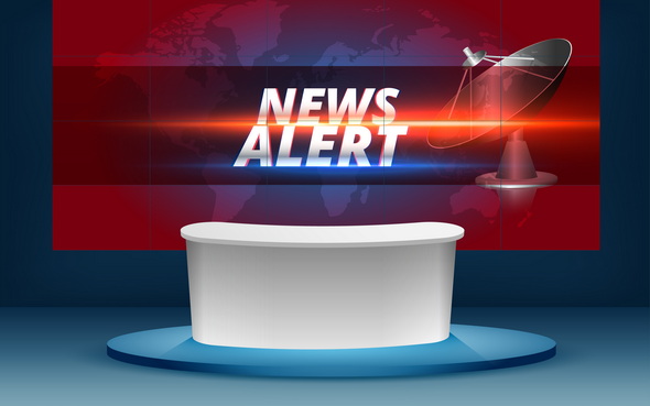 وکتور Table And Alert News Banner On Lcds Background In The News Studio 3