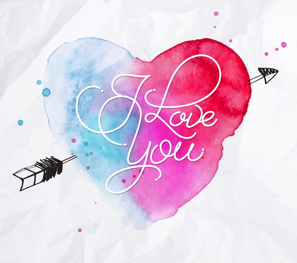 وکتور Watercolor Heart Lettering I Love You