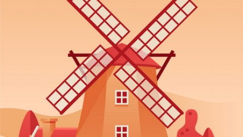 Windmill Poster Flat Vector Illustration